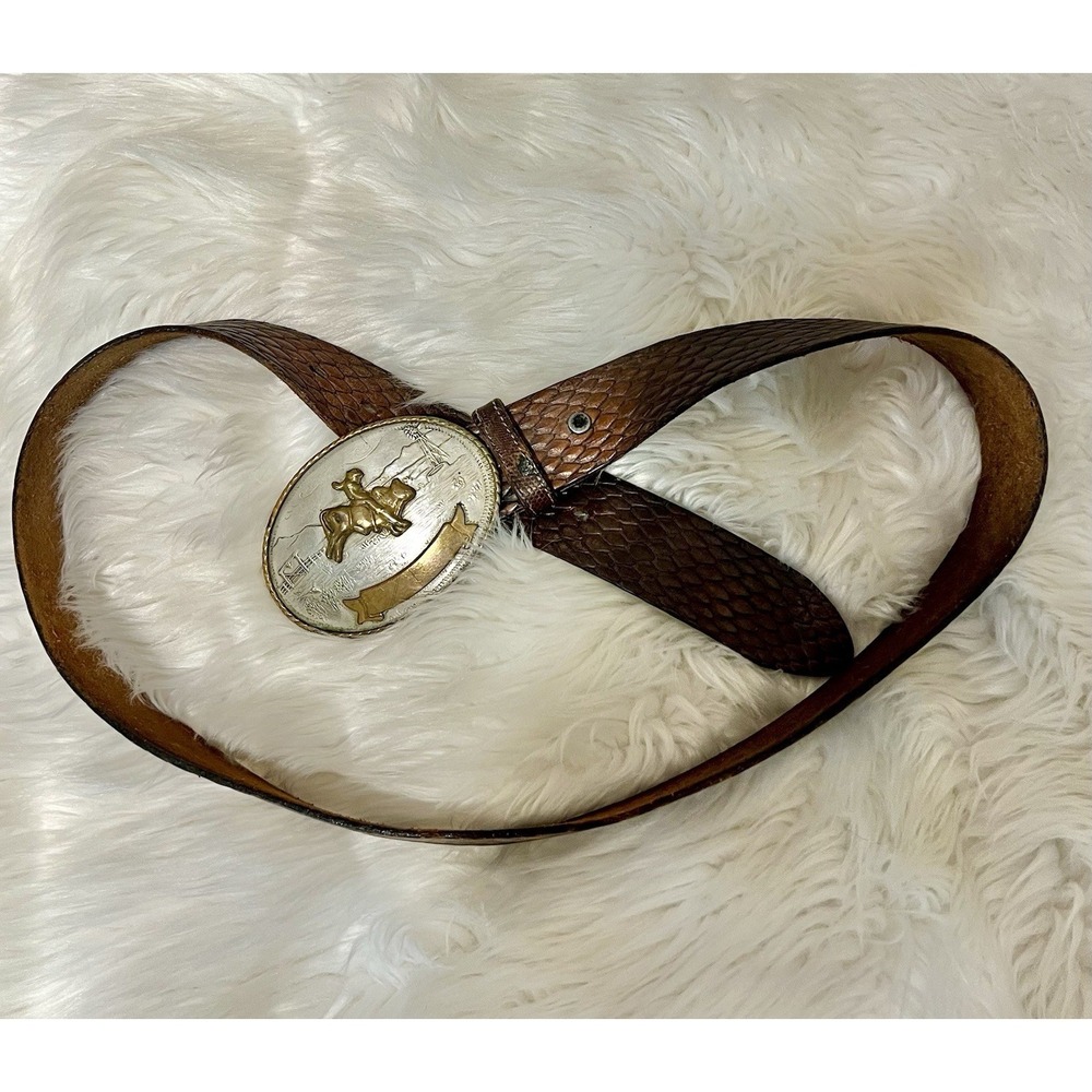 Vintage Tony Lama Belt Buckle German Silver Snake Stamp Print Brown Sz 35-36